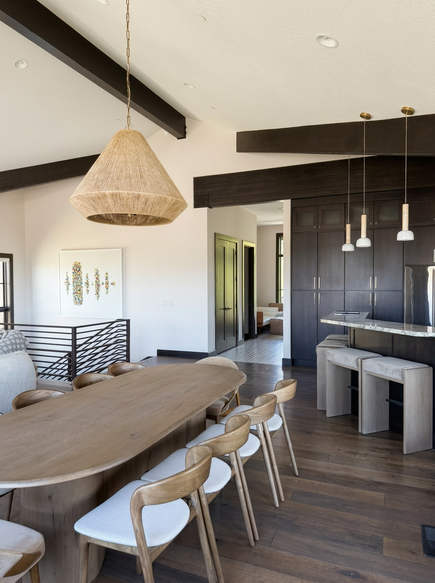 Oval oak dining table under a woven jute pendant beside the granite breakfast bar