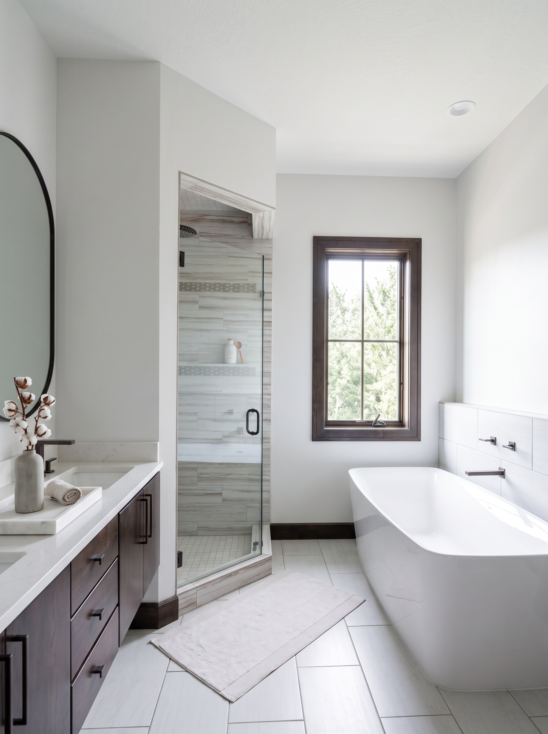 Primary bathroom with freestanding tub, glass shower, and double vanity in warm natural light