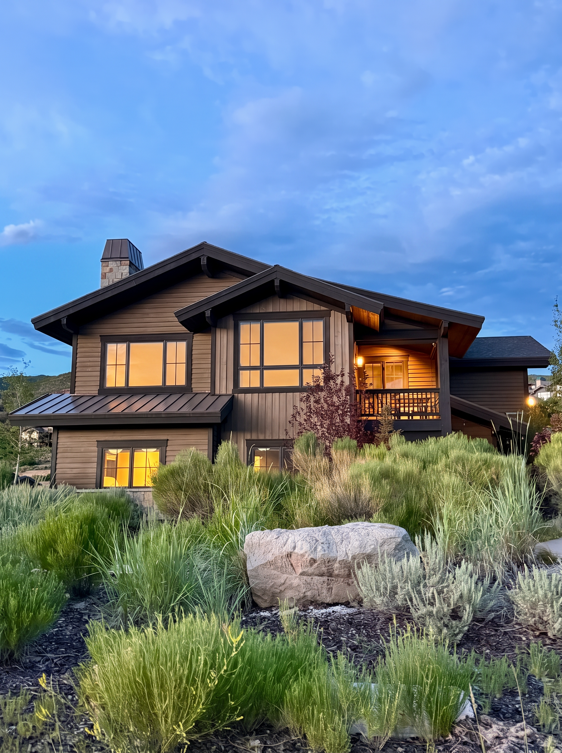 Kay Haus exterior at dusk with dark timber siding, metal roof, and glowing windows above native landscaping